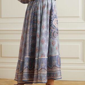 Zimmermann Vitali Belted A-Line Print Silk Maxi Skirt 1 (4-6) Blue Paisley